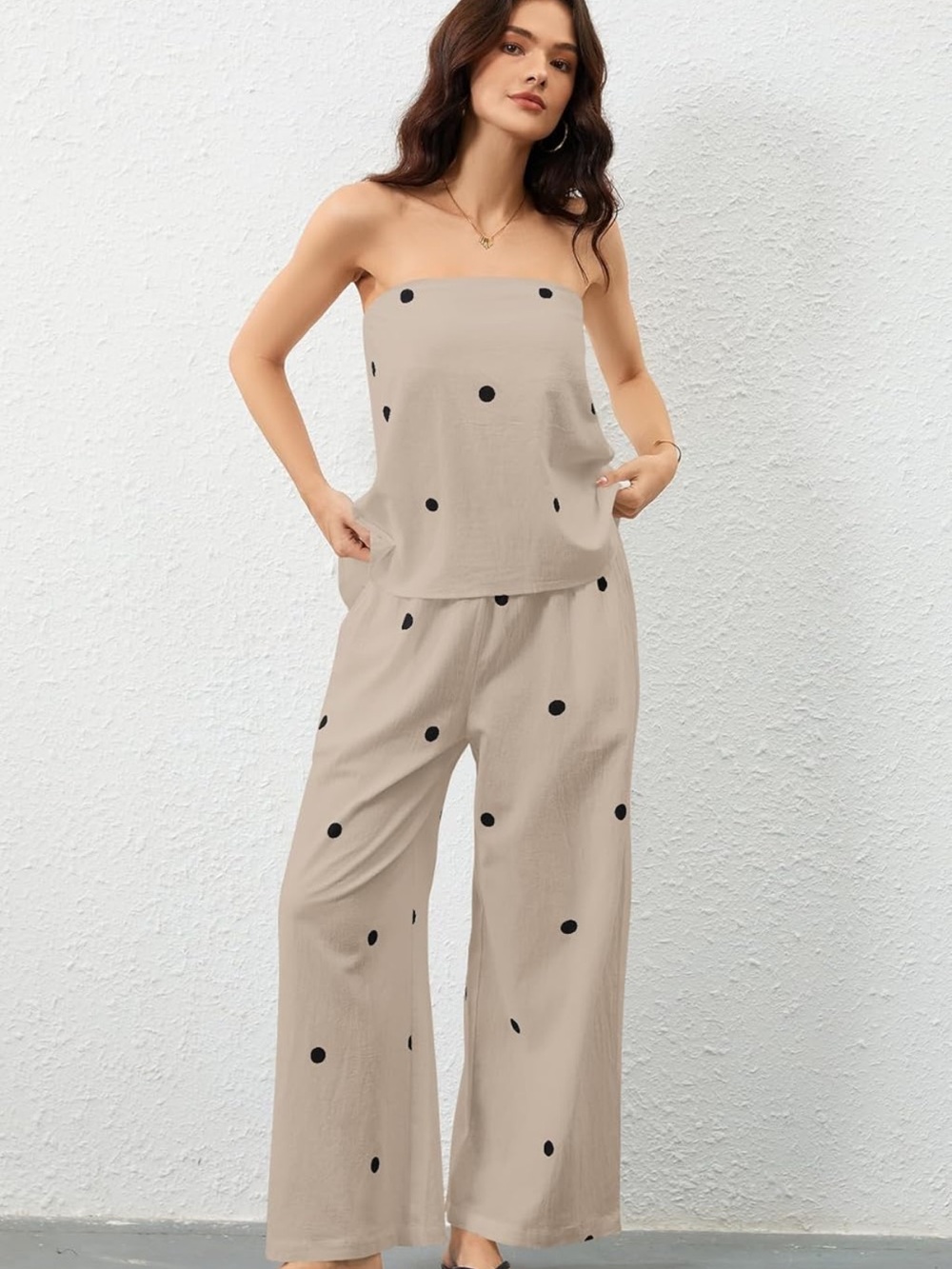 SET Strapless Tunic Tank Top Polka Dot Wide-Leg Pants - Beige - Picture 2 of 3